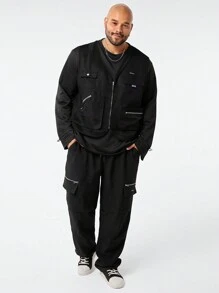 Manfinity VCAY Men's Casual Patchwork Pullover Sweatshirt For Daily Wear, Plus Size, For Fall Winter - Black - View 4