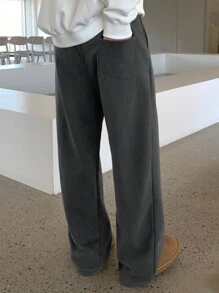 DAZY 男士纯色褶皱阔腿休闲运动裤，带保暖衬里，秋冬男士慢跑裤 - 灰色 - 查看 2