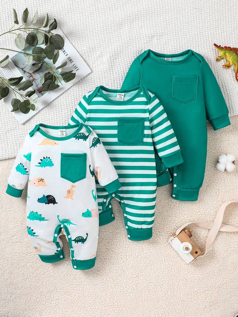 SHEIN Vintaside Kids 3 件套男宝宝可爱恐龙印花条纹图案连体裤春秋季 - 彩色 - 查看 1