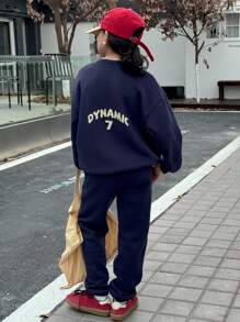 DAZY 2 件套 Tween Girl 针织字母印花运动衫套装，秋季 - 藏蓝色 - 查看 5