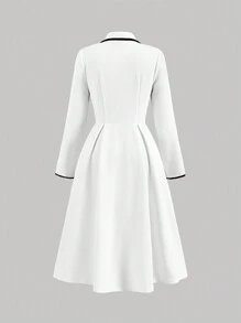 SHEIN MOD Vestido Blazer Branco de Manga Longa com Recorte Preto, Cruzado, Vestido de Mulher para Outono/Inverno, Vestido Formal, Casual de Negócios para Mulheres, Estilo Anos 90, Festa de Boas-Vindas, Moda Coreana, Roupa de Escritório, Renascença, Estilo Old Money - Preto e Branco - Visão 2