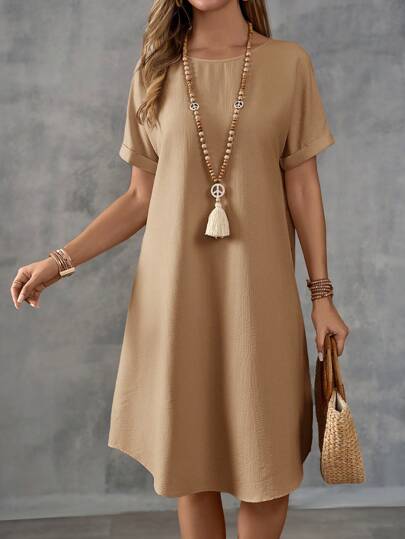 EMERY ROSE 女士纯色简约圆领短袖休闲连衣裙