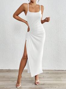 Zolique Vestido De Tirantes Para Mujer Con Cintura Recortada, Abertura Lateral Y Dobladillo Alto-bajo