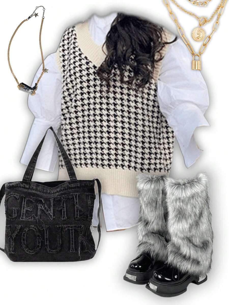 Slaydiva Áo vest dệt kim họa tiết răng cưa kiểu dáng thường ngày dành cho sinh viên, áo sơ mi cổ bẻ phối nhiều mảnh. - Đen và trắng - Xem 1