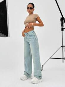 EURMUSE 100% Cotton HIGH RISE WIDELEG CUT ASYMMETRIC BELT WOMEN JEAN - Light Wash - View 6