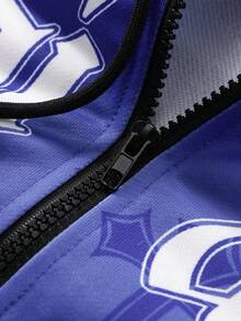 ROMWE MEN Street Life 男士前拉链长袖字母印花简约连帽运动衫，休闲日常穿着 - 藍色 - 查看 7