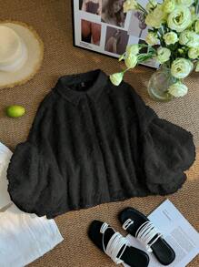 SHEIN Privé Áo sơ mi họa tiết cắt khoét cỡ lớn cho nữ, hàng mới về cho mùa thu trở lại trường - màu đen - Xem 6