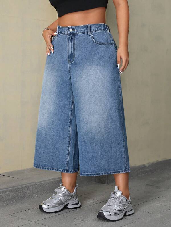SHEIN EZwear Plus Size Solid Color Pocketed Casual Wide Leg Jeans