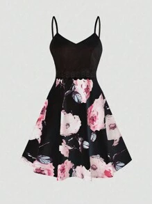 SHEIN LUNE Women's Spaghetti Strap Backless Floral Print Fitted Charming Elegant Dress - Black - View 2