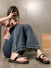 女式黑色凉鞋，带水钻蝴蝶设计，简约时尚，百搭休闲度假圆头平底凉鞋，柔软轻便，防滑，舒适，适合时尚青少年和年轻女性，户外，海滩，夏季 - 黑色 - 查看 7