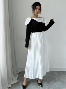 Chiquease Women's Fashion Elegant Frill Collar Black And White Contrast Color Ruffle Hem Dress Fall Cloth For Women - Black and White - View 3