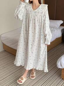 DAZY Ditsy Floral Ruffle Collar Sweet Nightgown Pajama, Moo Moo, Fall, Winter - White - View 3