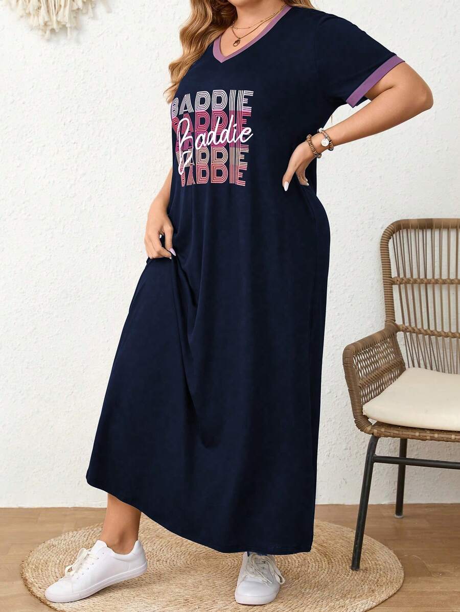 Mulvari Đầm Maxi In Chữ Tay Ngắn Màu Trơn Cỡ Lớn Thường Ngày Cho Nữ - Nhiều màu - Xem 1