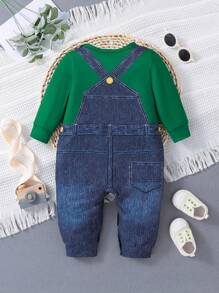 SHEIN Baby Boys Fall Denim Effect Printed Long Sleeve Round Neck Jumpsuit - Green - View 2