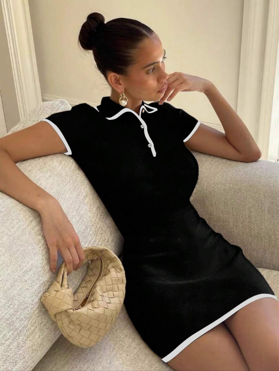 Chiquease Women Contrast Trim Short Sleeve Knit Sweater Dress - Black - View 1