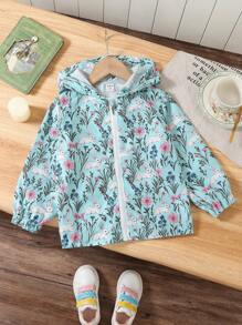 SHEIN Toddler Girls' Cute Rabbit Print Hooded Zip-Up Jacket - Green - View 1