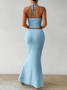 Chiquease 2 件套夏季性感纯色扭纹露背吊带上衣和鱼尾裙