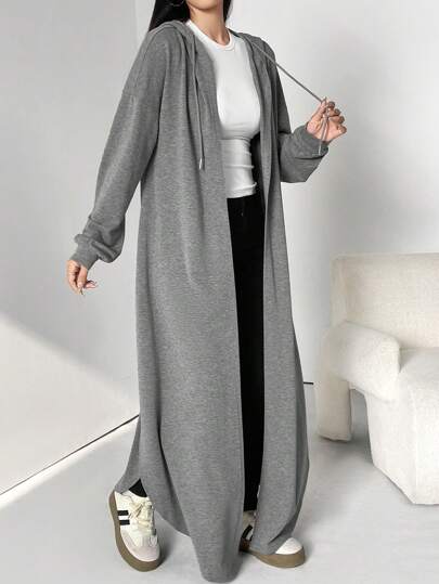 Al Najma Women's Casual Solid Color Drawstring Hooded Long Modest Long Sleeve Arabian Abaya Robe, Spring & Autumn, Casual Arabian Clothing Long Abayas, For Casual Daily/Back To School/Travel