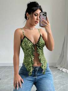 SHEIN LUNE Women's Lace Trim Tie-Up Leopard & Floral Print Frill Hem Tank Top - Green - View 4