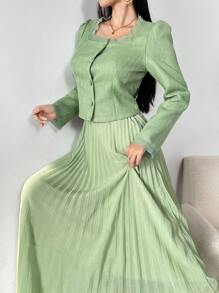 Modelyn 2 件女式方领长袖上衣和裙子套装 - 綠色 - 查看 6