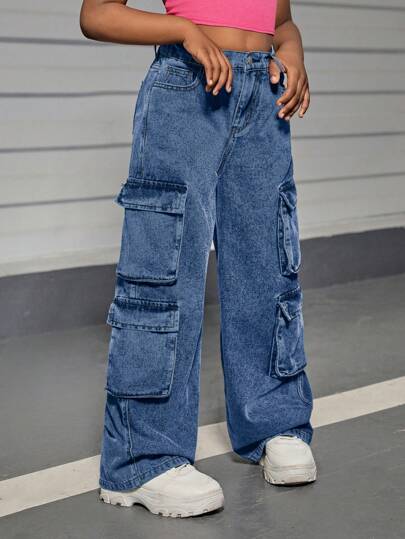 SHEIN Tween Girls Y2K 石洗高腰直筒工装牛仔裤，带实用翻盖口袋，女童秋季裤装