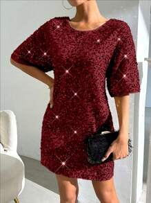 Zolique Đầm ngắn hở lưng trang trí sequin cổ chữ V đơn giản - Màu Đỏ Sâu - Xem 4