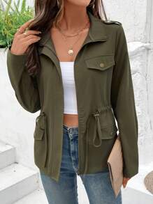 EMERY ROSE Zip-Up Stand Collar Long Sleeve Fitted Jacket Fall Winter Cloth For Women - Army Green - View 4