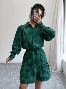 Chiquease Button Front Long Sleeve Collared Collegiate Pattern A-Line Waist Shirtdress - Green - View 3