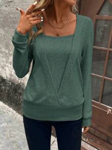 SHEIN Clasi Sweat-shirt-shirt décontracté à col rond de couleur unie à manches longues pour l'automne/l'hiver - Turquoise - Voir 4