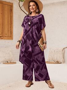 EMERY ROSE 2 bộ đồ áo và quần in họa tiết hình học cỡ lớn cho nữ, đi nghỉ thường ngày - Màu tím - Xem 6