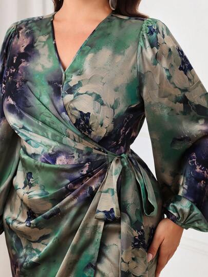 Modelyn Plus Size V-ringad Långärmad Allover-tryck midja Slips Slim Fit Elegant charmig klänning Långa aftonklänningar