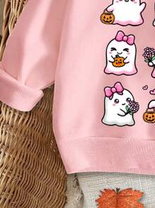 SHEIN 女婴可爱萌卡通鬼南瓜蝴蝶结针织厚柔软圆领宽松运动衫适合万圣节、秋季和冬季 - 粉色 - 查看 5