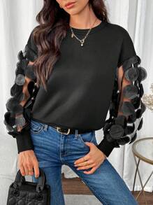 SHEIN Clasi Áo nỉ nữ kiểu dáng thường ngày, cổ tròn, phối lưới thêu họa tiết, thích hợp mặc mùa thu. - màu đen - Xem 1