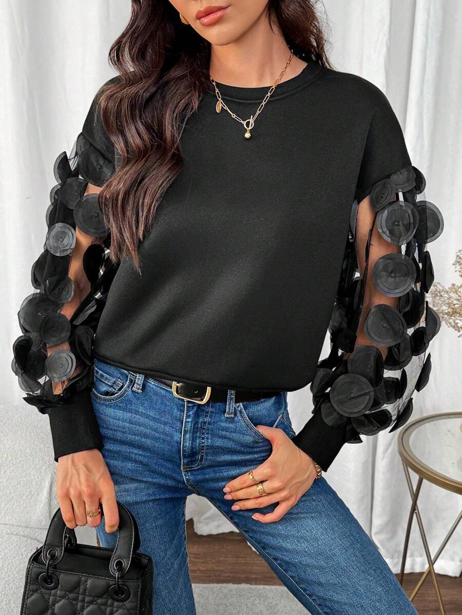 SHEIN Clasi Áo nỉ nữ kiểu dáng thường ngày, cổ tròn, phối lưới thêu họa tiết, thích hợp mặc mùa thu. - màu đen - Xem 1