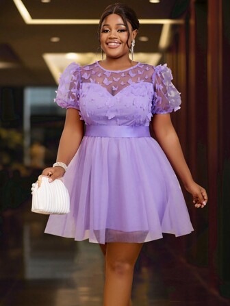 Plus Size 3D Butterfly Mesh Short Sleeve A-Line Dress, Elegant Cocktail Semi Formal Prom Wedding Guest Dress, For Birthday, Graduation, Dinner, Homecoming Party Dress