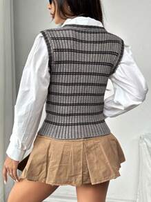 SHEIN Unity Striped Pattern Button Front Sweater Vest Without Blouse - Camel - View 2