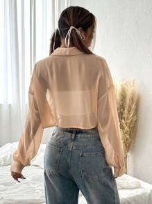 SHEIN EZwear قميص كاجوال أكمام طويلة أمامي أزرار لون أحادي قطعة واحدة - لون مشمشي - مشاهدة 2