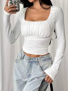 SHEIN EZwear Blusa de manga larga con cuello en U y pliegues - Blanco - Ver 5