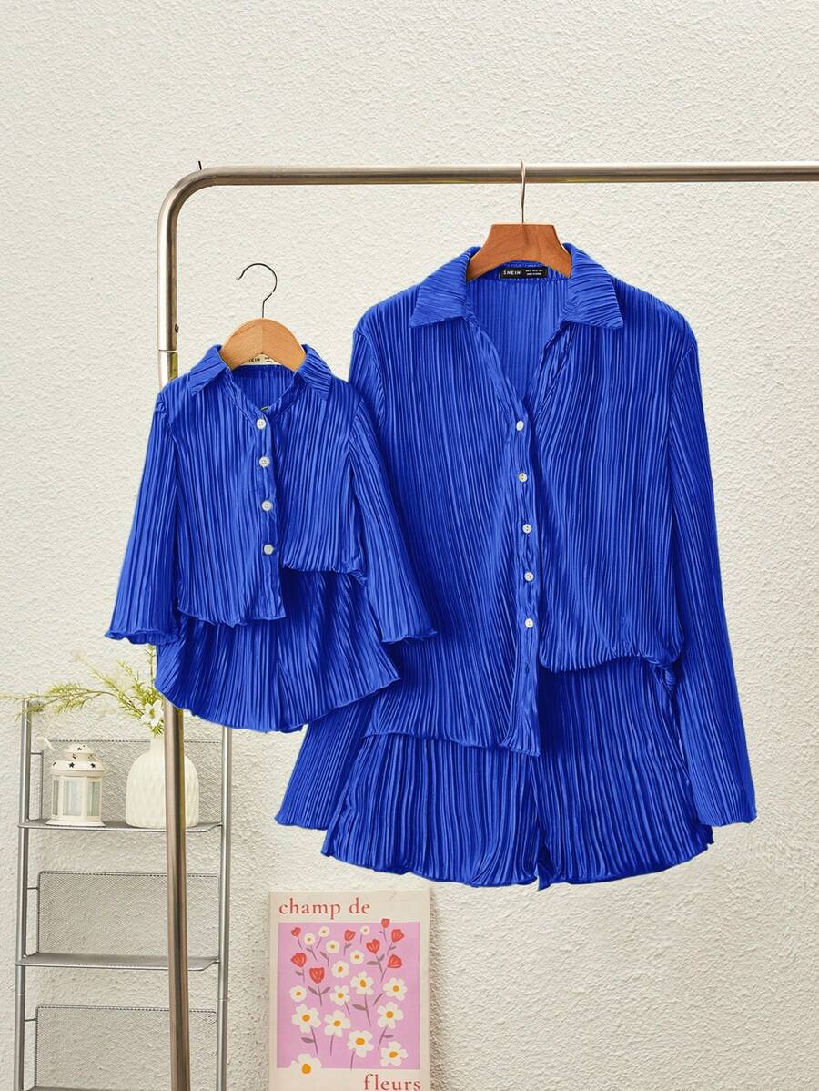 SHEIN Mommy And Me Matching Sets, Casual Solid Color Matte Pleated Collar Long Sleeve Blouse And Elastic Waist Shorts Outfit, Suitable For Outings, Vacations And Traveling - Royal Blue - View 1