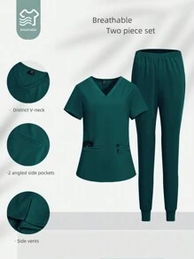 TaskEZ 2 件纯色 V 领口袋 T 恤和裤子护士制服手术服套装 - 水鴨藍 - 查看 2