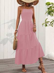 SHEIN Clasi Women's Solid Color Casual Cross Strap Dress - Baby Pink - View 7