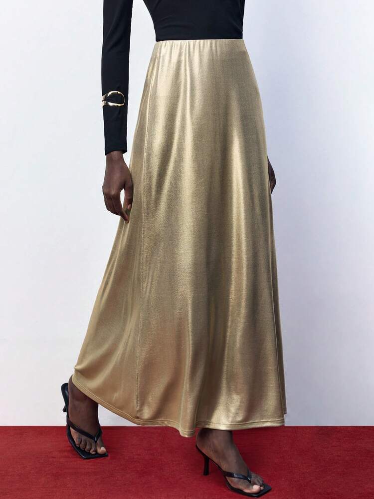 SHEIN Maija 1pc Ladies' Elegant Solid Gold Color Zipper Closure Skirt, Autumn