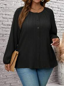 EMERY ROSE Koszula damska Plus Size z okrągłym dekoltem, guzikami z przodu i długim rękawem, prosta, swobodna