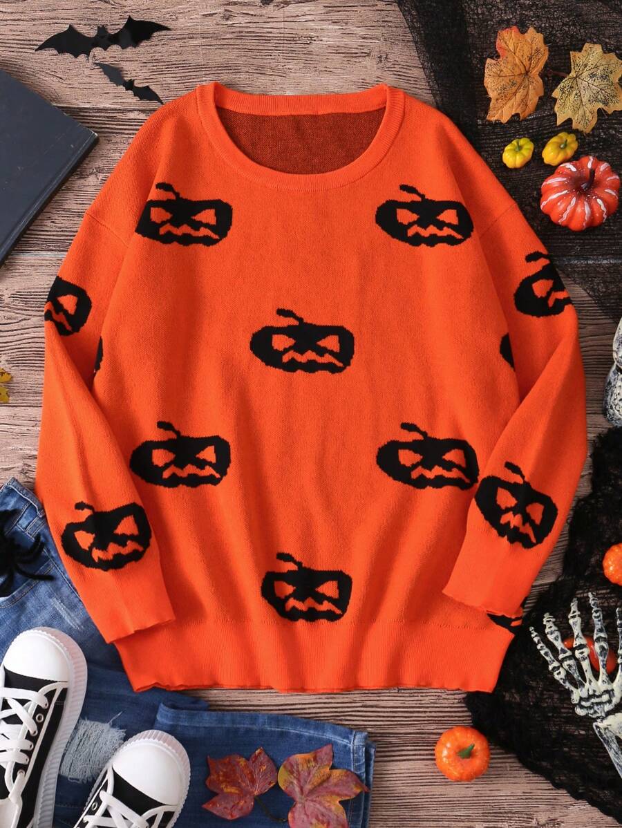 SHEIN VCAY Plus Size Women's Pumpkin Print Round Neck Long Sleeve Sweater In Fall/Winter - Orange - View 1