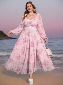 SHEIN MOD Vestido de manga larga con estampado floral, escote en V, busto fruncido y abertura, talla grande - Multicolor - Ver 1