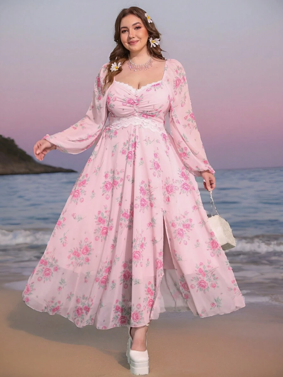 SHEIN MOD Vestido de manga larga con estampado floral, escote en V, busto fruncido y abertura, talla grande - Multicolor - Ver 1