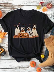 SHEIN LUNE Áo thun in hình chú chó bí ngô Halloween cỡ lớn - màu đen - Xem 1