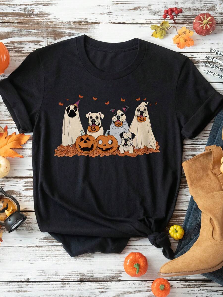 SHEIN LUNE Áo thun in hình chú chó bí ngô Halloween cỡ lớn - màu đen - Xem 1