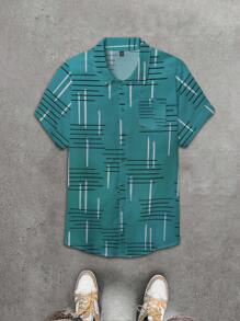 Manfinity Homme 男款寬鬆條紋短袖夏季襯衫 - 綠色 - 查看 1