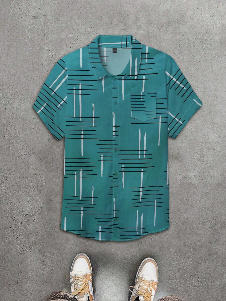 Manfinity Homme 男款寬鬆條紋短袖夏季襯衫 - 綠色 - 查看 1